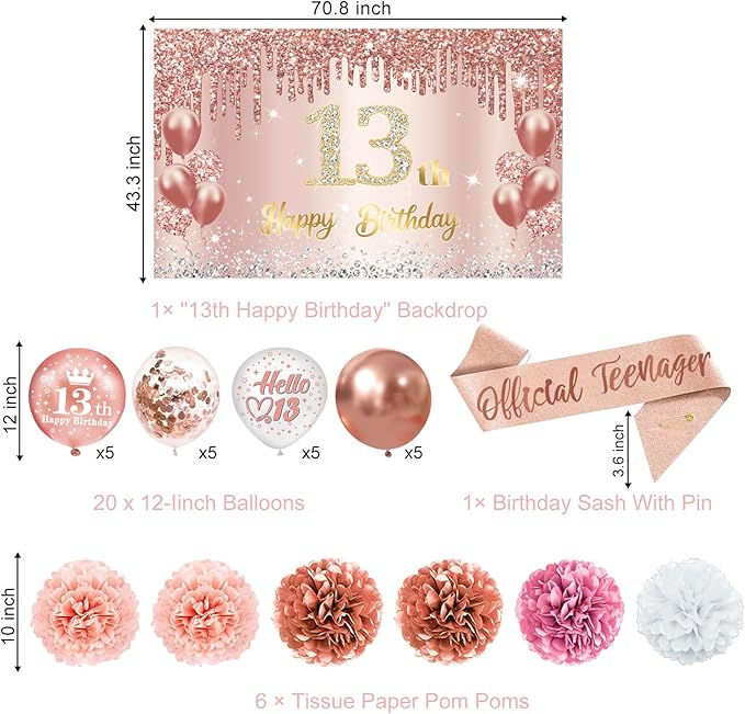 13th Birthday Decorations for Girls – 53pcs Official Teenager Decorations Backdrop, Banner, Honeycomb Centerpieces, Hanging Swirls, Foil & Latex Balloon, Cake & Cupcake Toppers, Sash, Pom Poms