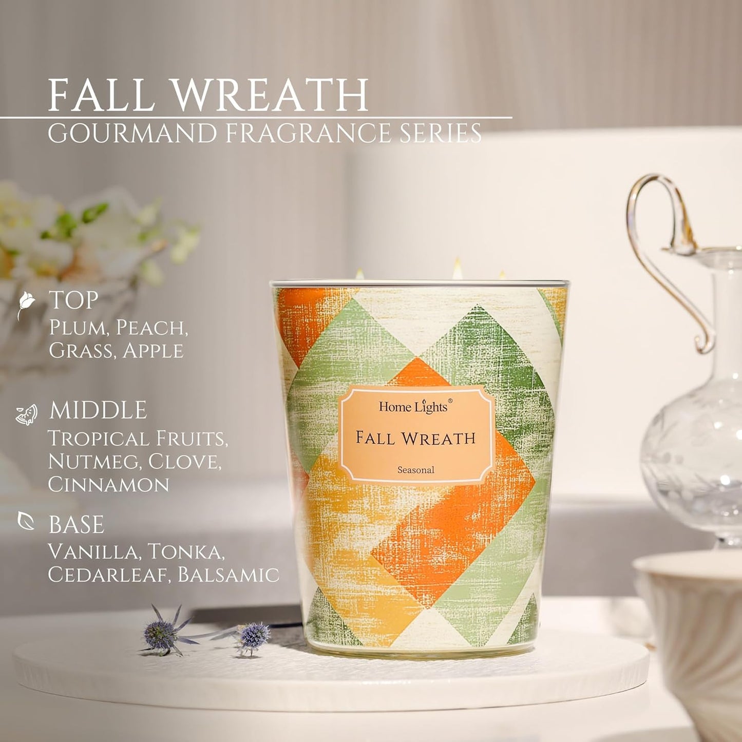 HomeLights Large jar Candle | 3-Wick Long-Lasting Scented Candles, 34oz Natural Soy Wax Candle for Home Scented, Rustic Modern Gifts for Women & Men, Fall Wreath