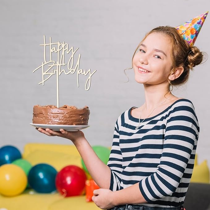Happy Birthday Cake Topper Mirror Acrylic Cake Topper Side Cake Topper Gold Cake Insert Cake for Birthday Party (Wooden-4(4.3 * 5.9in))