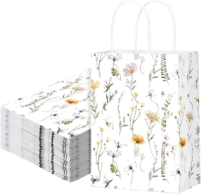 Marspark 24 Pcs Wildflower Paper Gift Bags for Wedding Bridal Baby Shower Engagement Birthday Party Supplies Floral Treat Bag with Handles Candy Goodie Bags for Guests, 8.3'' x 5.9'' x 3.1''