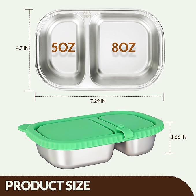 HI-REEKE 13 OZ Stainless Steel Snack Containers with Lids, 4 PCS Reusable Double Compartments Metal Snack Packs for Sauce