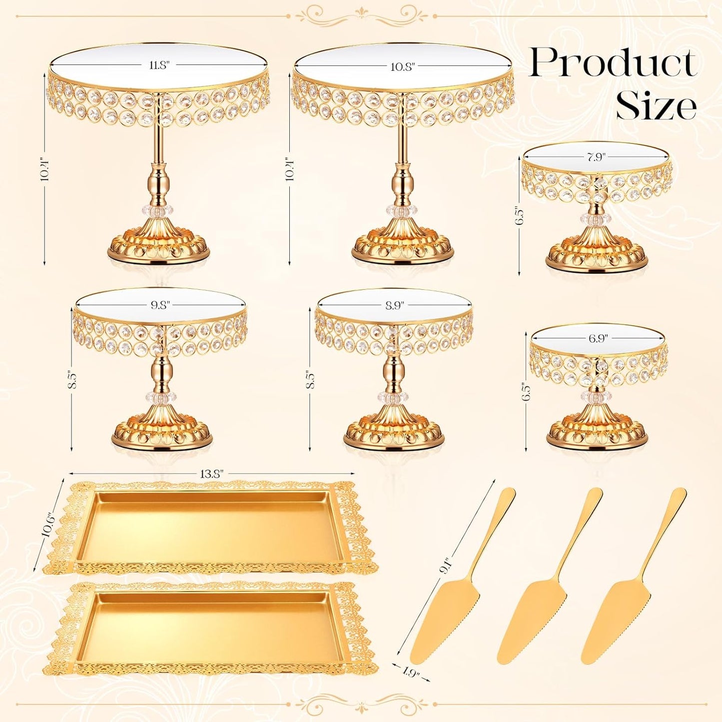 12 Pieces Gold Cake Stand Set, Vintage Cake Display Stand with Crystal Edge and Cupcake Display Tray, Dessert Table Display Set for Wedding Party Baby Shower Anniversary Celebration