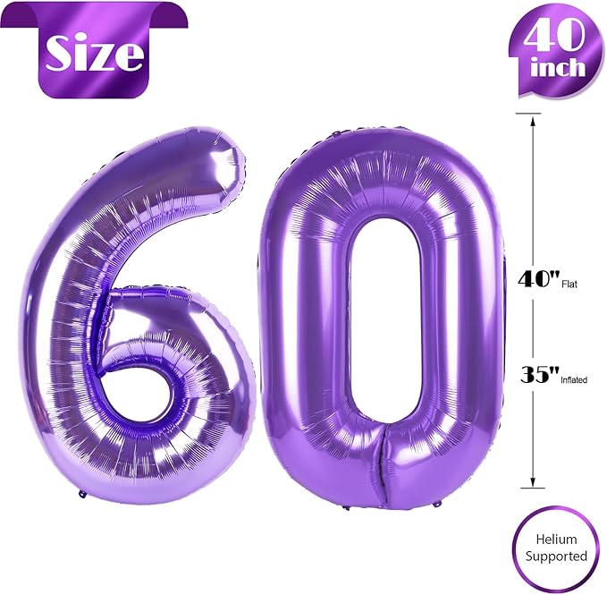 Purple Number 60 Balloon 40 Inch, 60th Birthday Party Decorations for Children, Giant 60 Foil Balloon for Party Supplies