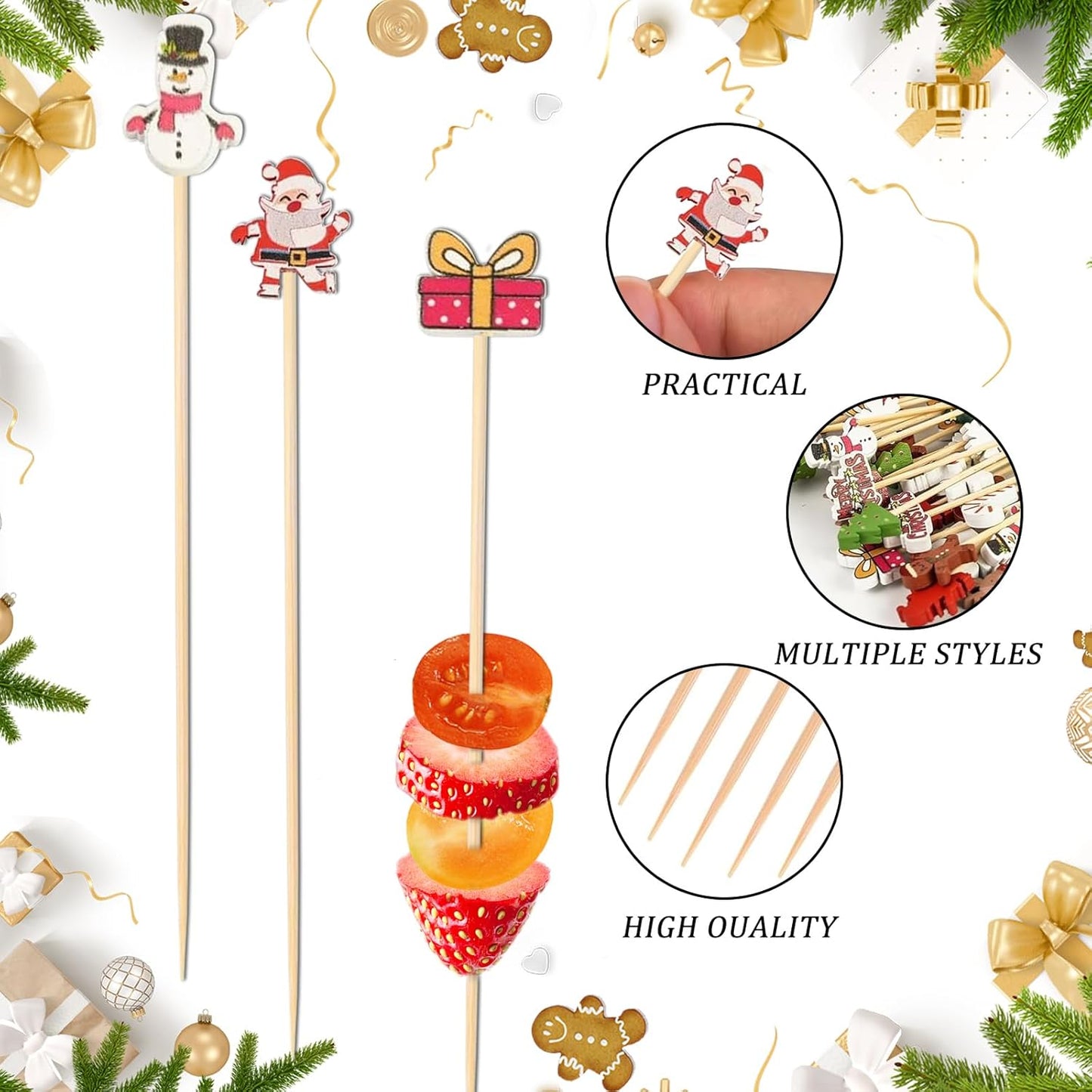 500 Pieces Christmas Cocktail Picks Bamboo Sticks Long Toothpicks for Appetizers for Drinks 4.7 Inch Bamboo Skewers for Appetizers Charcuterie Boards Accessories