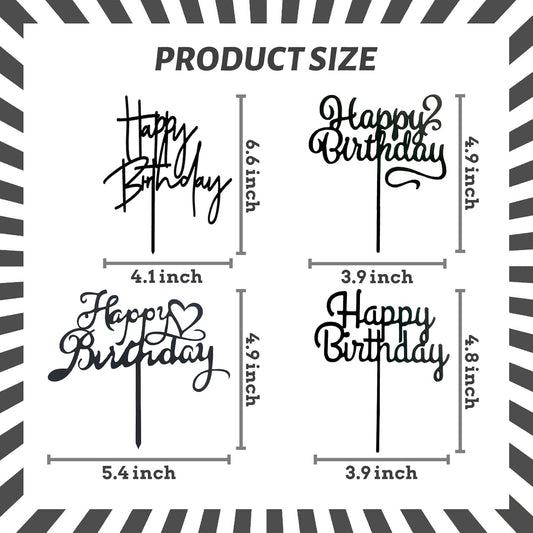 ZHENGYE Black Happy Birthday Cake Topper Set Acrylic Cake Toppers Birthday Cupcake Toppers Decoration For Women Men Baby Shower Birthday Party Decoration(4 Pieces)