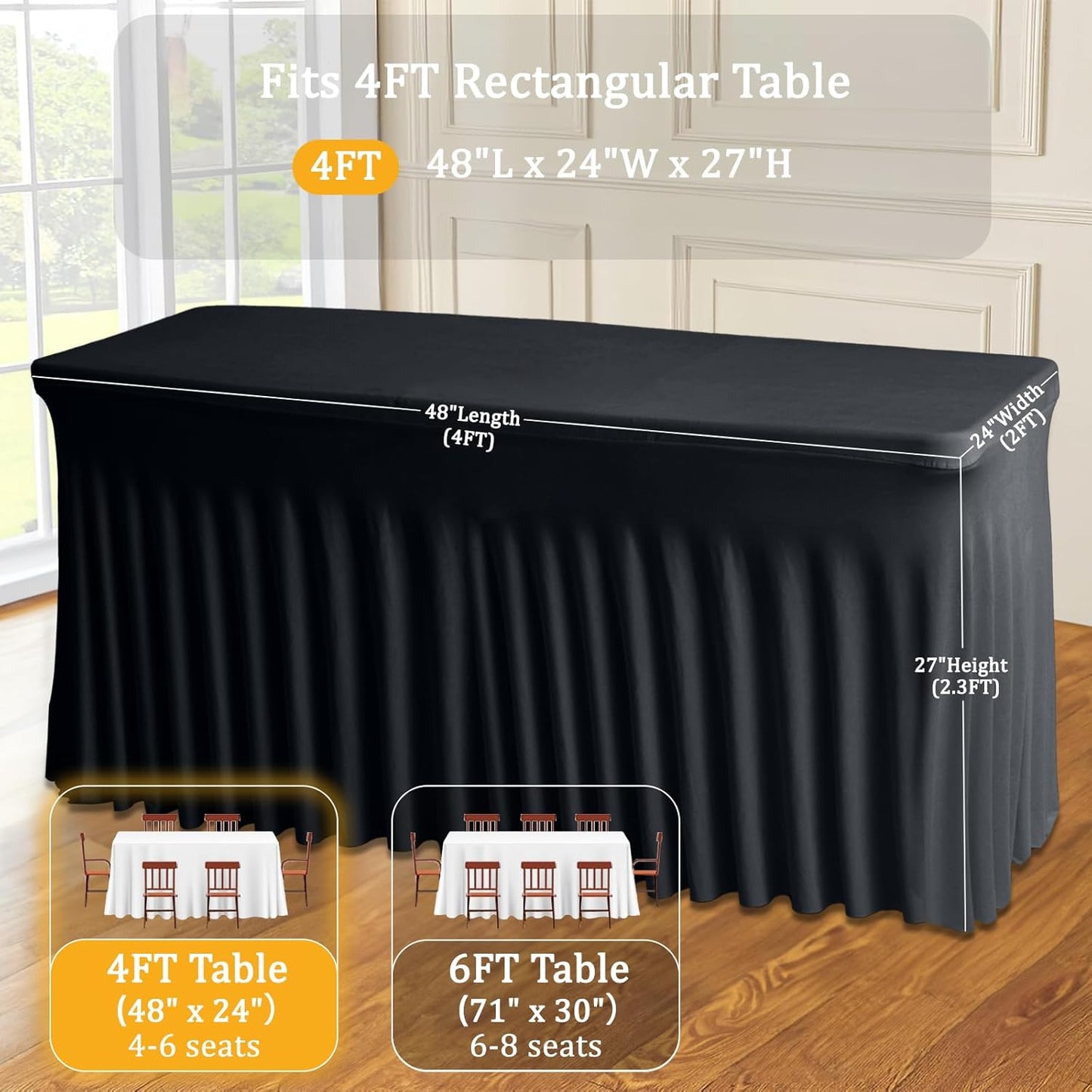 JCJ Table Skirt for Rectangle Tables Set of 2 Spandex Fitted Black Tablecloths for 4FT Tables, Wrinkle Resistant Ruffles Elastic Table Cover Skirts for Teacher Desk Weddings Banquets Parties