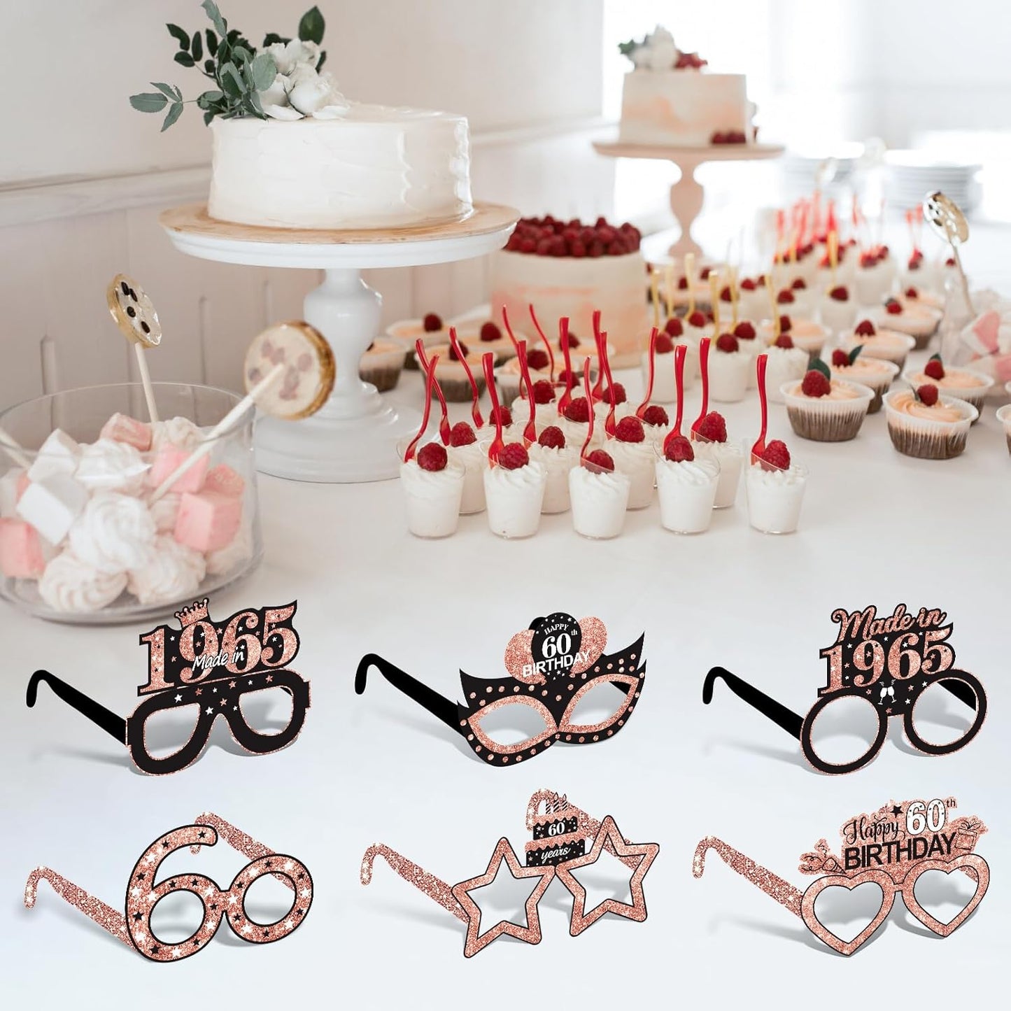 24Pcs 1965 60th Birthday Paper Glasses Decorations for Women - Rose Gold Happy 60th Birthday Paper Eyeglasses Photo Props Gifts, Vintage 1965 60 Years Old Birthday Party Supplies