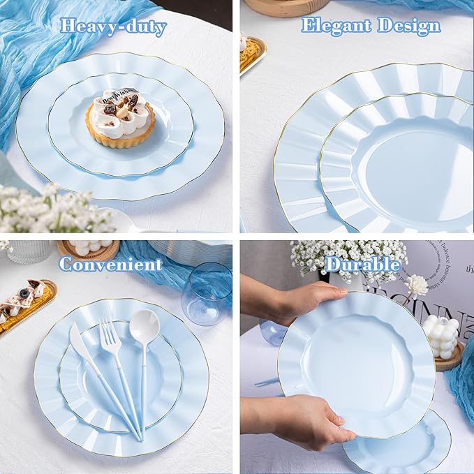 HIGH END 100 Pcs Blue Wave Plastic Plates with Gold Trim, Fancy Disposable Plate Sets Include 50 Dinner & 50 Dessert Plastic Plates, Elegant Disposable Plate Set For Party, Thanksgiving (50 Guests)