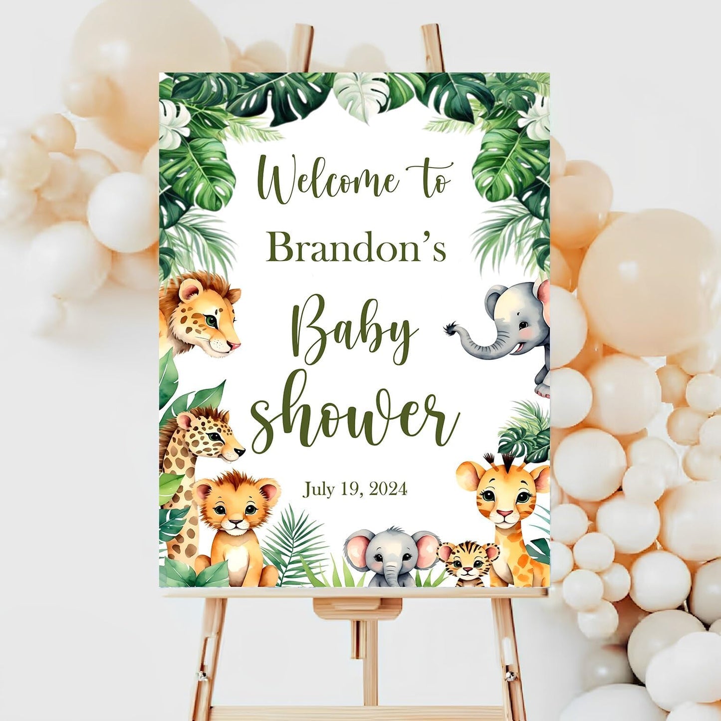 Custom Baby Shower Sign, Baby Sign For Baby Shower, Lion Zebra Deer Elephant Theme Baby Shower Decorations, Safari Greenery Baby Shower Decorations, Welcome Baby Shower Sign