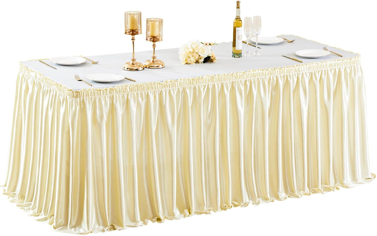 Wish Care 6ft Champagne Satin Table Skirt for Rectangle Tables Wrinkle Free Glitter Desk Skirts Pleated Ruffle Table Cloth for Wedding Birthday Baby Bridal Shower Party Banquet Cake Table Decorations
