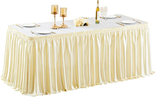 Wish Care 6ft Champagne Satin Table Skirt for Rectangle Tables Wrinkle Free Glitter Desk Skirts Pleated Ruffle Table Cloth for Wedding Birthday Baby Bridal Shower Party Banquet Cake Table Decorations