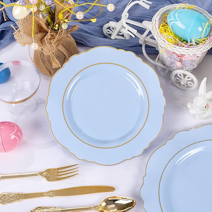 Liacere 175PCS Bule Plastic Plates - Disposable Ligh Bule and Gold Plates - Baroque Plastic Dinnerware 50Plates, 25Pack Pre Rolled Napkins with Silverware 25Cups for Baby Shower Party &Easter Day