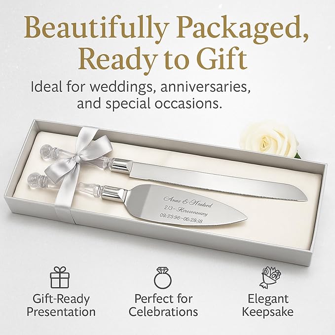 GIFTS INFINITY Personalized Wedding Cake Knife and Server Set with Engraving – Mis Quince Anos, Keepsake Gift for Wedding, Anniversary, Reception, Birthday & Other Occasions (CT-101V)
