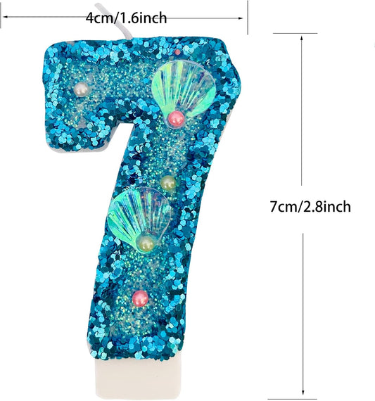 Blue Number Candle,Shell Sequins Number Candles for Birthday Cakes Mermaid Themed Party Supplies Number 7 Candle