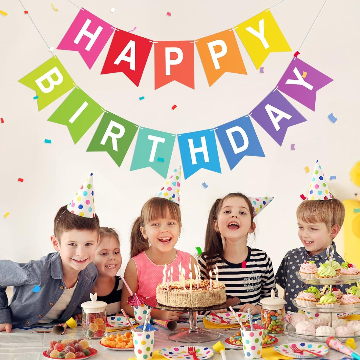 Happy Birthday Colorful Banner Rainbow Birthday Party Banner NO DIY Happy Birthday Sign Pre-Strung Birthday Hanging Decoration for Women Girl Men Boy Party Supplies (Multicolor)