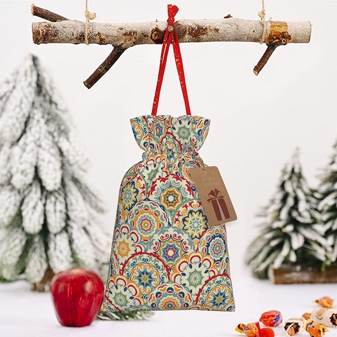 Jhggffd Boho Abstract Floral Christmas Gift Bags Christmas Treat Bags Cloth Christmas Gift Bag Drawstring Christmas Bags for Gifts Favor Bags Reusable Xmas Gift Bags for Holiday Party