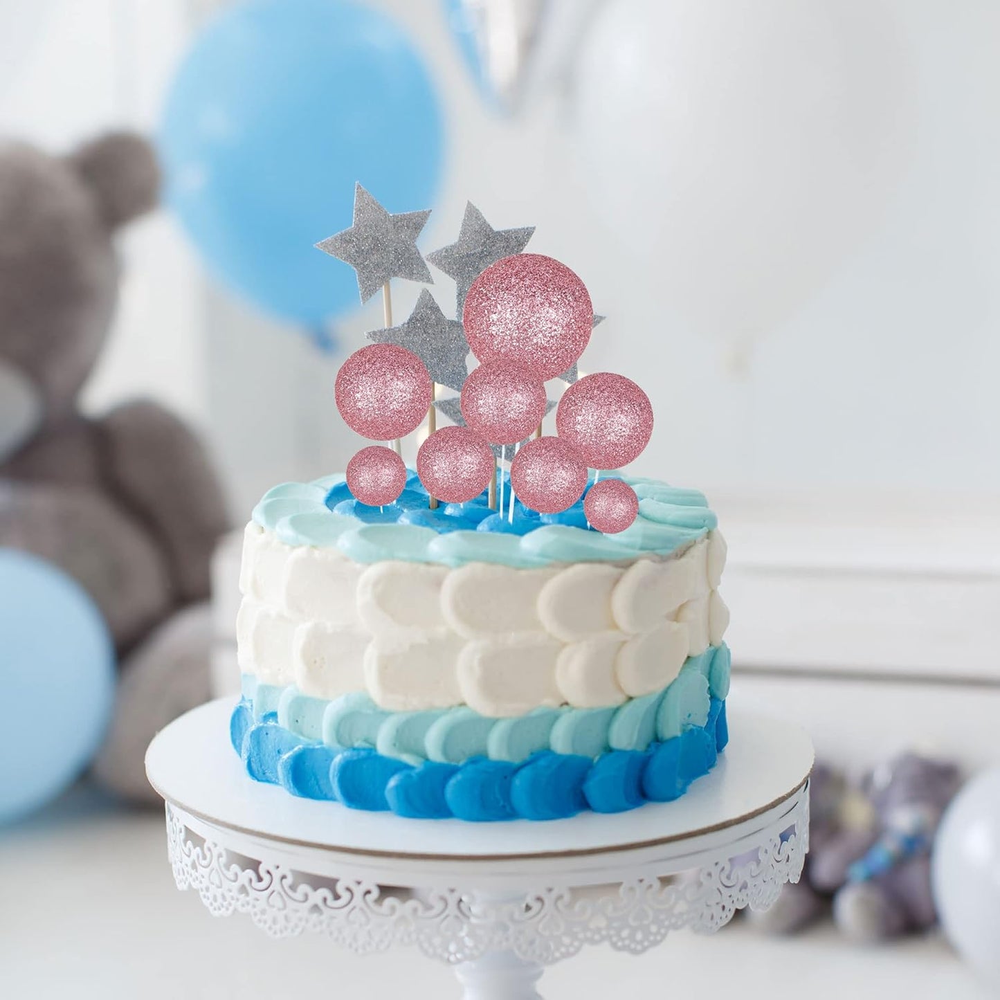 30Pcs Balls Cake Topper Glitter Foam Ball Cake Picks Faux Pearl Ball Shaped Cupcake Insert Cake Topper for Baby Shower Wedding Anniversary Kids Birthday Graduation Party Cake Decorations Pink
