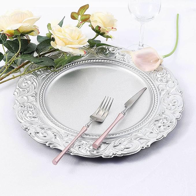 Efavormart Set of 6 SILVER 14" Round Plastic Charger Plates With Engraved Baroque Design Rim For Wedding Party Events