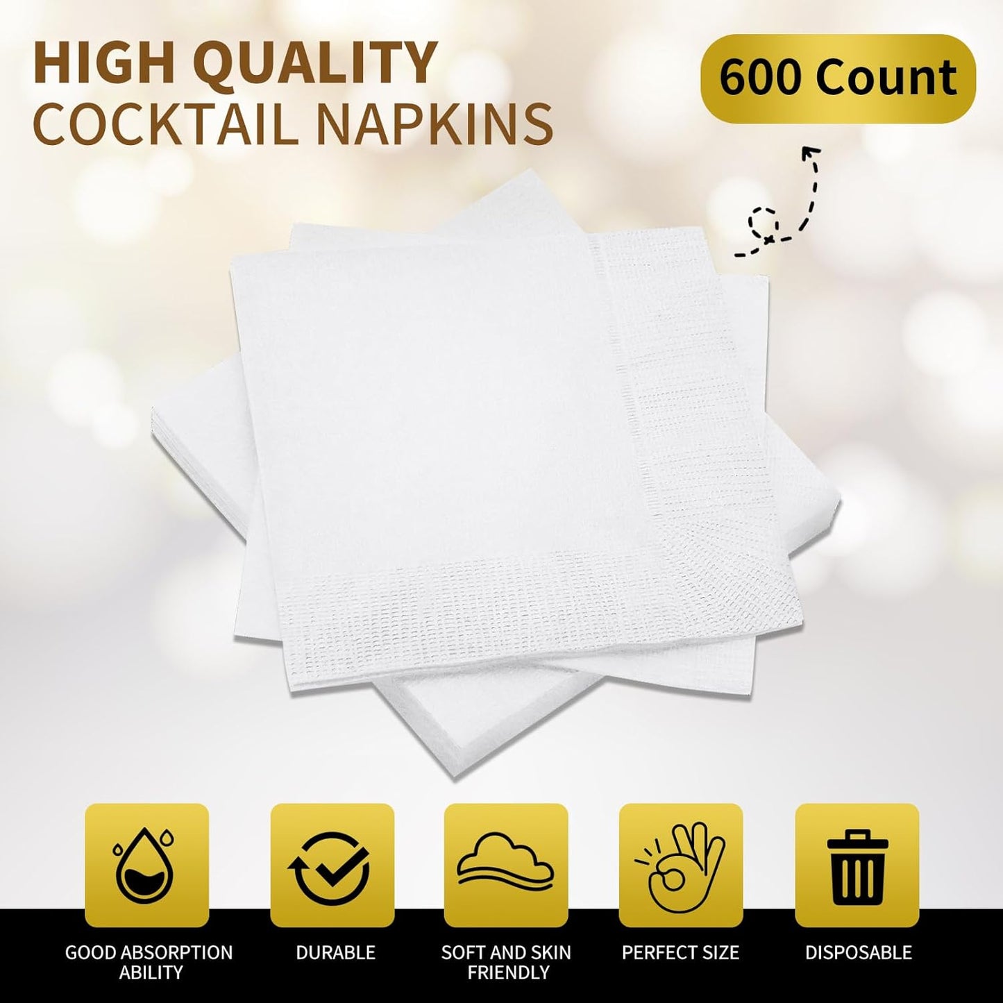 Cocktail Napkins - 600 Count 2-Ply White Napkins Disposable, 4.75 x 4.75 Inch Folded Paper Napkins Bulk Beverage Napkins for Dinner Wedding Bar Party and Everyday Use