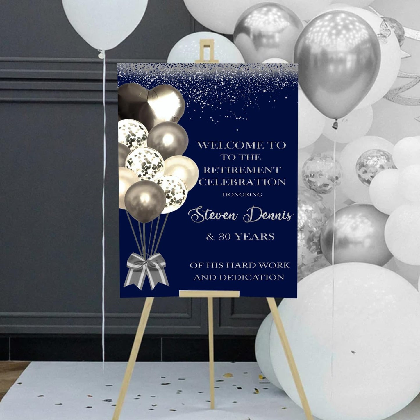 Navy Blue And Silver Retirement Welcome Sign, Retirement Board, Retirement Celebration, Retirement Party Decorations, Retirement Party Signs, Retirement Party Welcome Sign