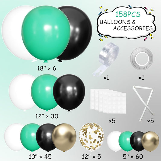 Green Black White Metallic Gold Balloons Garland Arch Kit, 146 Pcs Lime Dark Green Matte Black Confetti Gold Balloons for Graduation Football Soccer Army Birthday Party Decorations