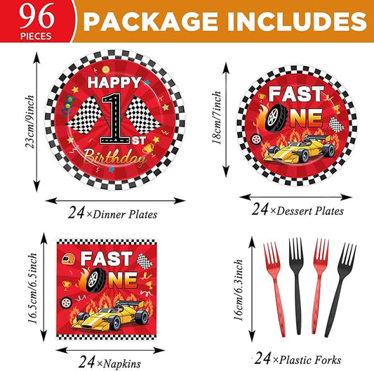 96Pcs Fast One Birthday Party Supplies Racing Car 1st Birthday Paper Plates Napkins Race Cars Party Decorations Baby Show One Year Old Dinnerware Favor Tableware Serves 24