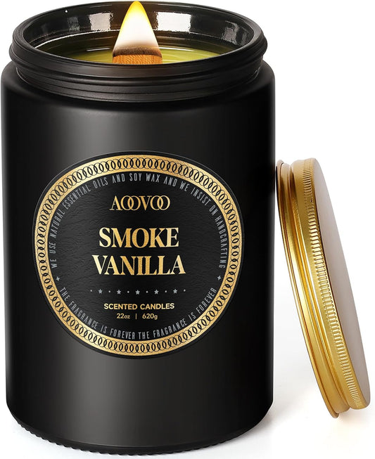 AOOVOO Scented Candles for Men - Large 22oz 120 Hours of Burn Time, Smoke & Vanilla Candles for Home Scented | Crackling Wood Wick Soy Candle | Strong Fragranced Black Candle Gift for Women & Men