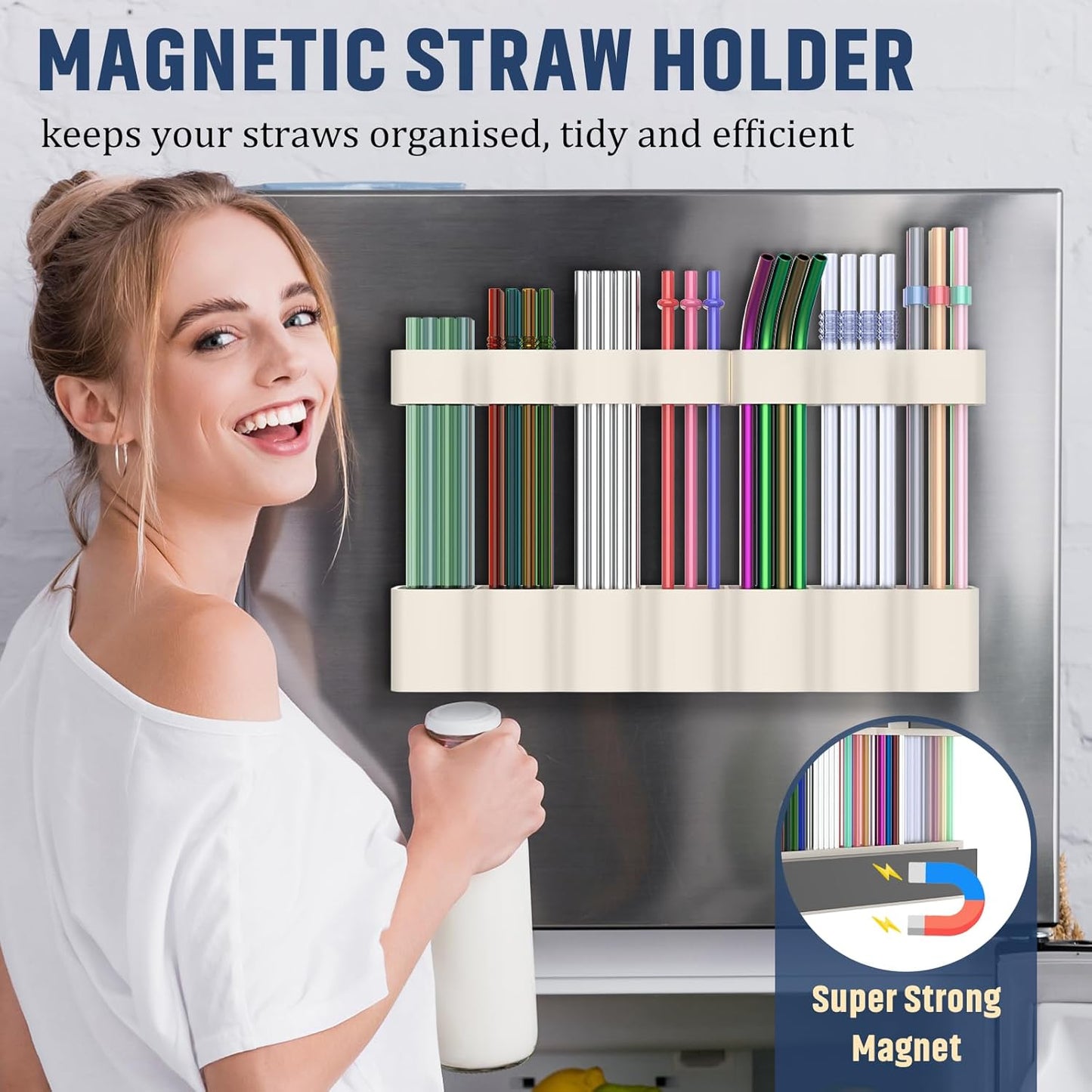 Straw Holder Large for Refrigerator 11”2025 Adjustable Two-Part Magnetic 3in1 Split Design Reusable Tumbler Straw Organizer Storage (Gream)