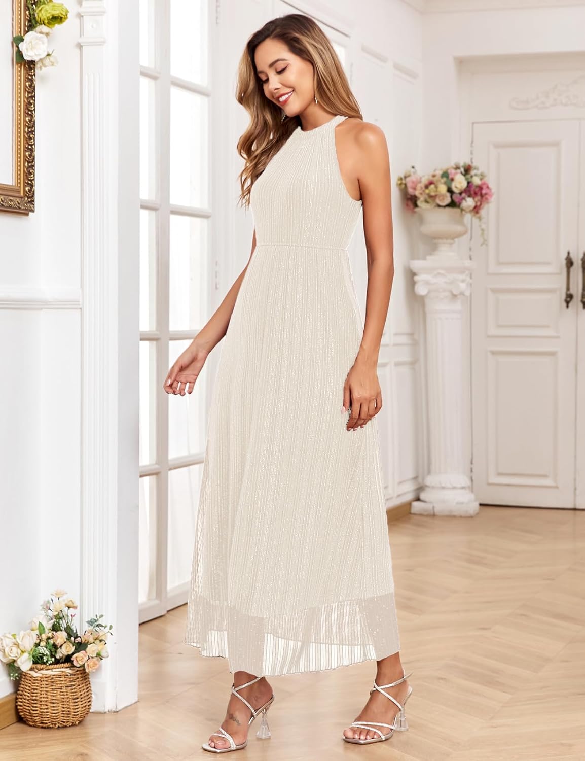 Maternity Sparkly Mesh Dress Halter Neck Sleeveless A Line Pregnancy Dresses Semi Formal Baby Shower Photoshoot