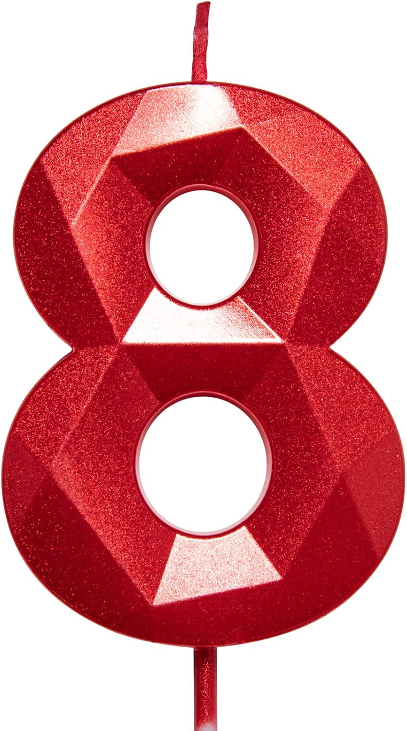 2.75in Tall 3D Diamond Shape Bright Red 8 Candles, Red Color Happy Birthday Cake Toppers Decorating and Celebrating for Adults/Kids Party/Family Baking (Bright Red Diamond Shaped 2.75in Number 8)