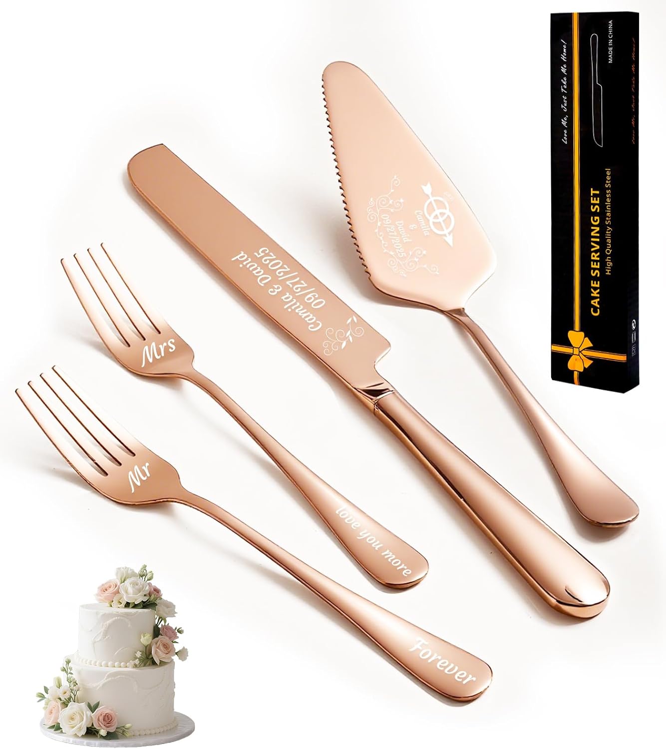 HJX Personalized Wedding Cake Knife and Server Set, Custom Names Cake Cutting Set, Customized Knife and Cake Server Set Gift for Bridal Anniversary Birthday Wedding Registry (Rose Gold)