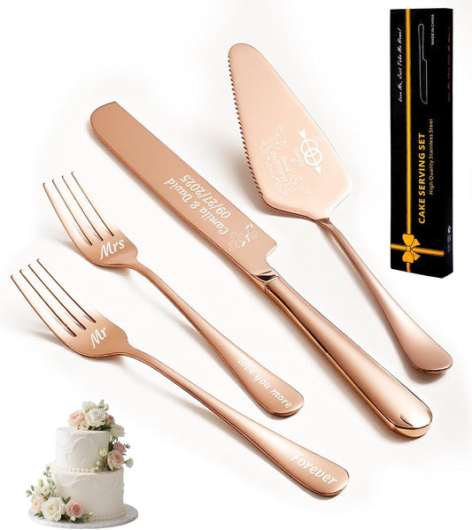 HJX Personalized Wedding Cake Knife and Server Set, Custom Names Cake Cutting Set, Customized Knife and Cake Server Set Gift for Bridal Anniversary Birthday Wedding Registry (Rose Gold)