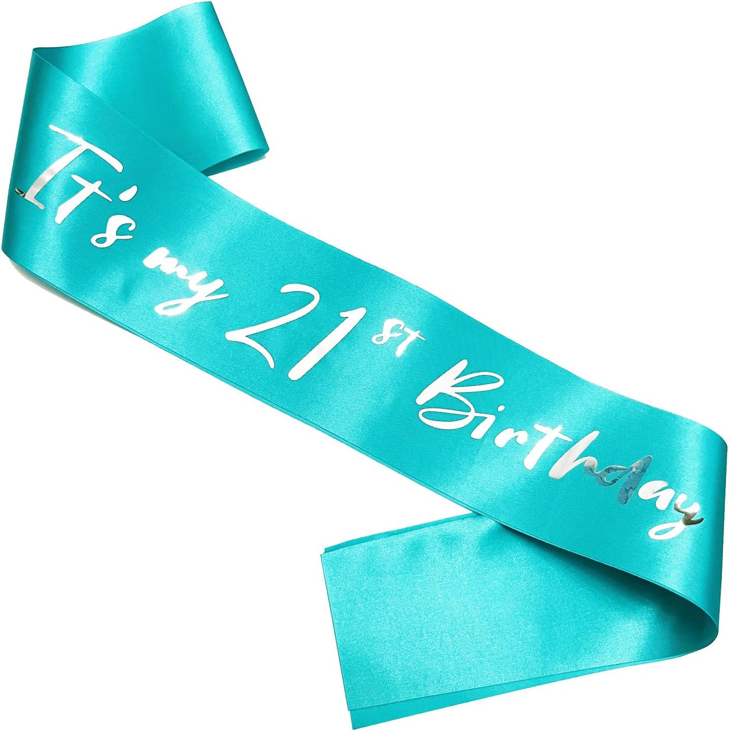 21st Birthday Sash, Blue Green Satin Soft Sashes with Silver Foil Letter, Birthday Decorations for Girls, Happy 21st Birthday Party Favor Supplies,Blue Green