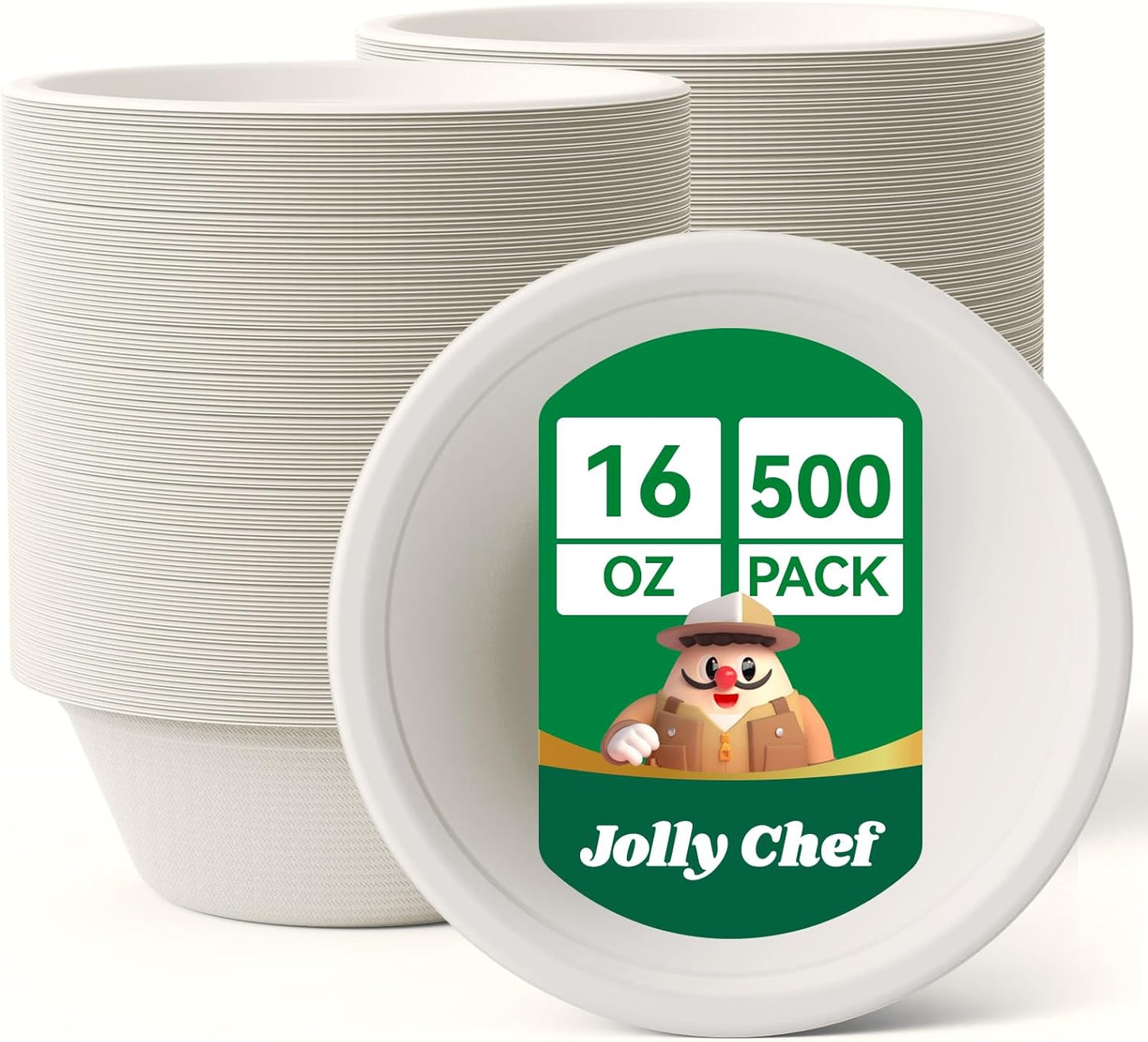 JOLLY CHEF Compostable Disposable Paper Bowl [16 oz] Heavy Duty Soup Containers [500 Pack] Biodegradable Bagasse Hot Cold Food Eco-Friendly Sugarcane Microwavable Bowls for Salad Milk Thanksgiving Day