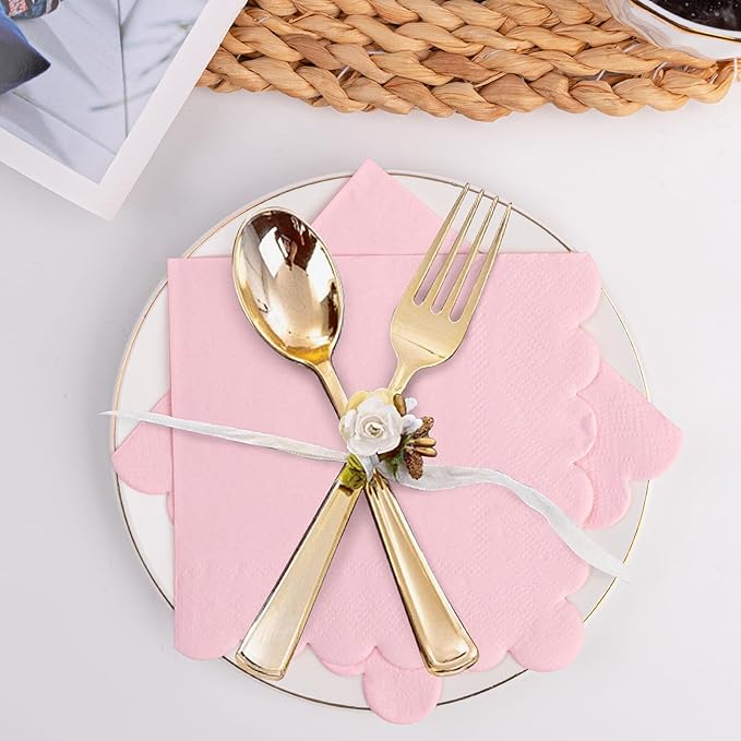 100 Pcs Pink Napkins Scalloped Edged Dessert Cocktail Napkins Folded 5 x 5 Inches Disposable Napkins for Dinner Wedding Birthday Party
