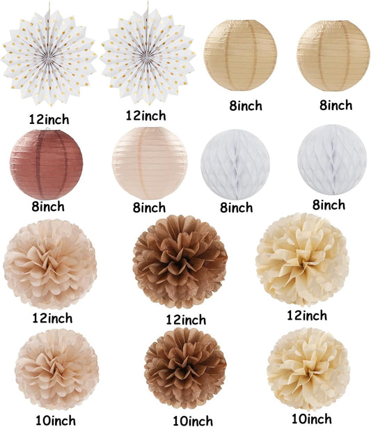 Boho Baby-Shower Party-Decorations Streamers-Lanterns - 14pcs White Brown Champagne Neutral Birthday Wedding Bridal Paper Fan,Tissue Pom Poms,Honeycomb Balls,Engagement Fall Christmas Decor Ouruola