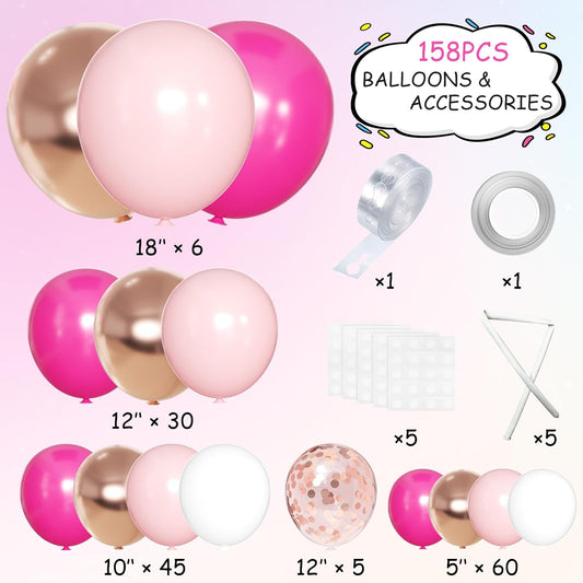 Rose Red Pink Champagne Balloon Arch Garland Kit, 146 Pcs Hot Pink Confetti Rose Gold Tender Pink White Balloons for Graduation Birthday Party Baby Shower Wedding Decorations