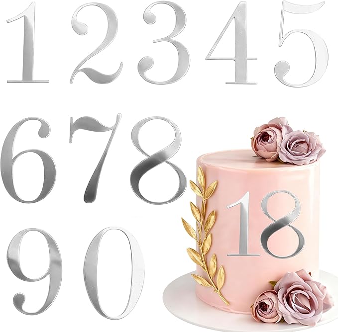 Silver Mirror Acrylic Number Cake Toppers DIY Personalized 0-9 Number Side Cake Decoration for Birthday Wedding & Anniversary Milestones Party Decorations