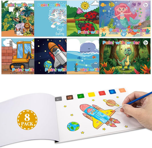 SUMERX 8 Pack Coloring Books Party Favors for Kids, 8 Theme Water Coloring Books Paint Sets for Kids, Art Craft Coloring Gift with Brush Classroom Prizes Return Gifts for Birthday