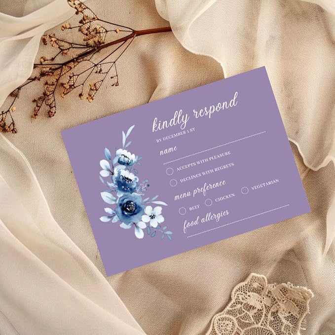 crafty-bell Glossy Finish Personalized Wedding RSVP Response Cards with White Envelopes, Blue Floral Design, 15 Count Respond Cards in Glossy Finish (Purple)