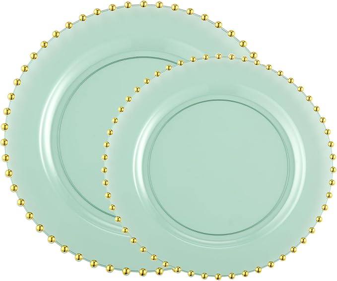 PLASTICPRO 32 Piece Combo Plastic Dinner Plates Disposable Plastic Fancy Heavy Duty Party Dishes 7 inch and 10 inch, Translucent Green and Gold Beaded
