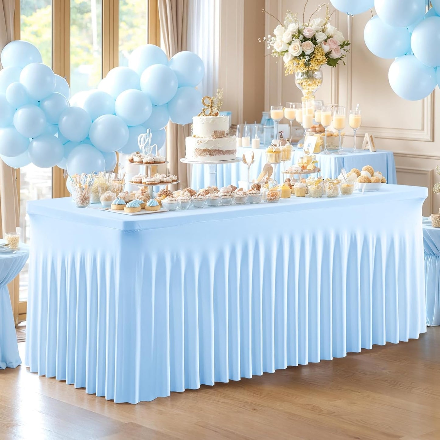 2 Pack Spandex Baby Blue Fitted Table Cloth for 8ft Rectangle Tables Baby Blue Stretch Tablecloth Table Covers Banquet Table Clothes Wrinkle Free Table Skirt for Parties Wedding