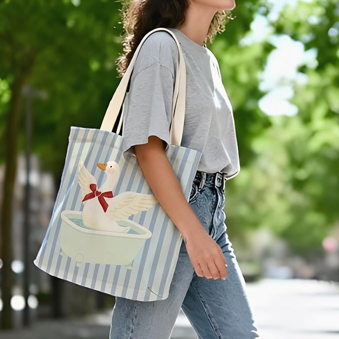 Coquette Red Bow Goose Tote Bag for Women,Funny Wash Goose Canvas Tote Bag,Gifts for Goose Lovers,Blue Striped Aesthetic Reusable Shopping Grocery Bags Party Favors