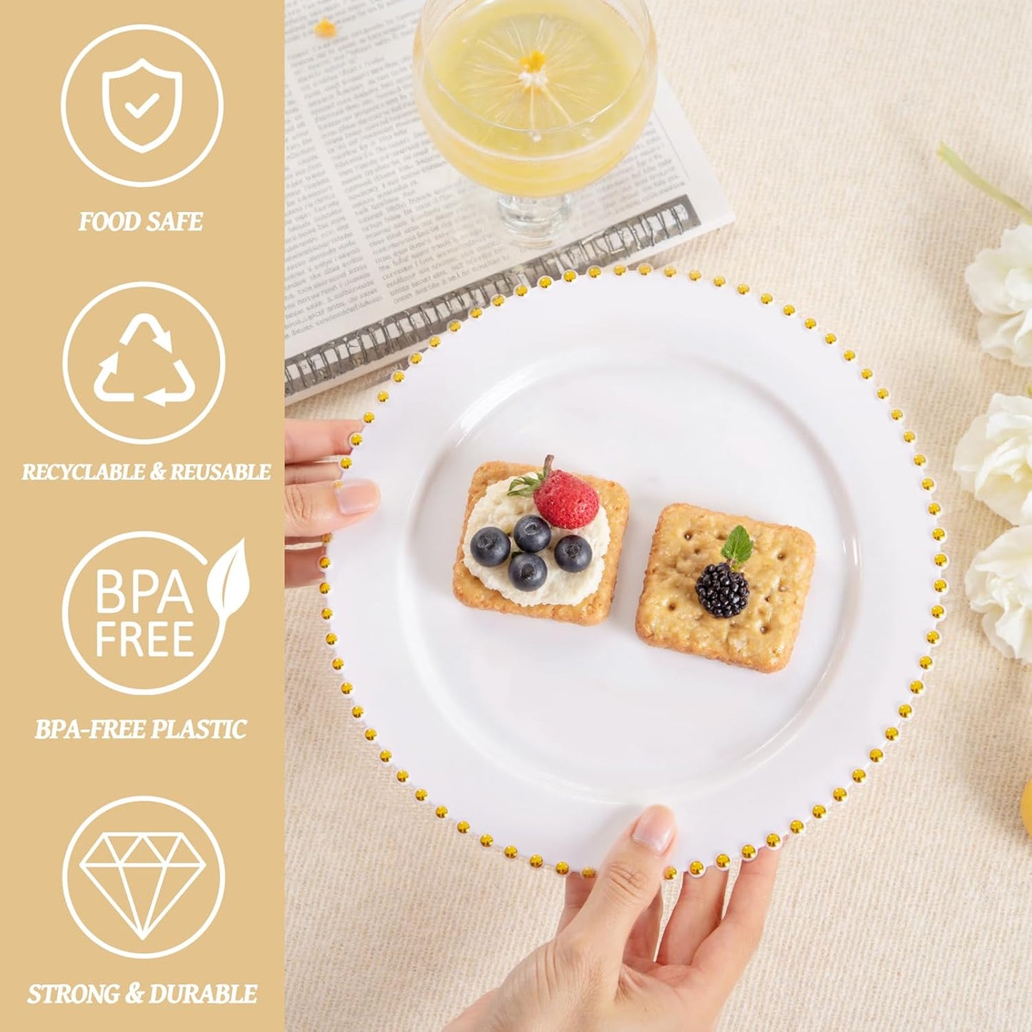 supernal 100 Pieces White and Gold Plastic Plates, 10 Inch Elegant Disposable Plates, Heavy Duty Plastic Dinner Plates for Christmas, Thanksgiving, Party, Wedding and Birthday