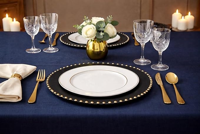 PLASTICPRO Black with Gold Rim Plastic Charger Plates with Beaded Edge – Pack of 8 – 13" Elegant Round Disposable Chargers for Weddings, Events, Parties, and Dinners