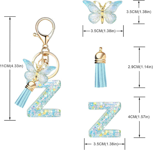 Fashion Alphabet Initial Letter Keychain Tassel Butterfly Pendant Key Ring for Purse Handbags Women Girl