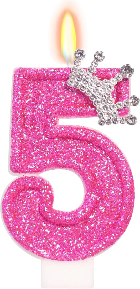 Number 5 Birthday Candle, Crown Rose Number Cake Candles, 3" Tall, Smokeless, Clean Burn, Unscented