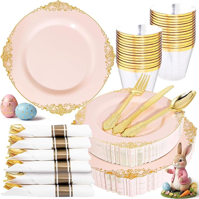 Nervure 175PCS Pink Plastic Plates - Disposable Pink Gold Party Plates & Pre Rolled Napkins with Cutlery for 25 Guests, 50Plates, 75Silverware, 25Cups, 25Napkin for Wedding & Party & Valentines