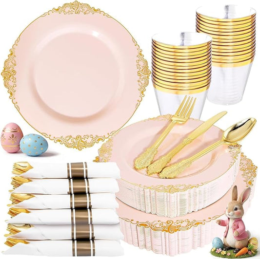 Nervure 175PCS Pink Plastic Plates - Disposable Pink Gold Party Plates & Pre Rolled Napkins with Cutlery for 25 Guests, 50Plates, 75Silverware, 25Cups, 25Napkin for Wedding & Party & Valentines