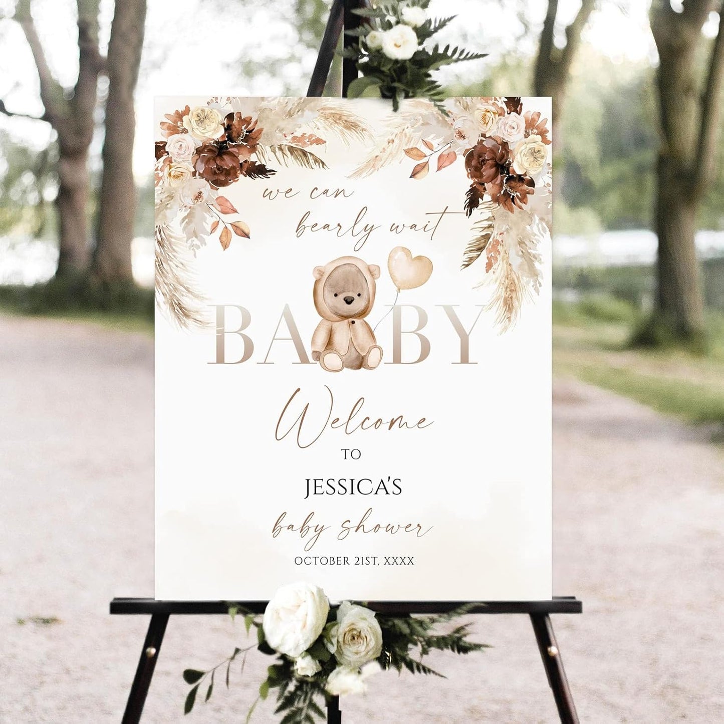 Personalized Brown Teddy Bear Baby Shower Welcome Sign, We Can Bearly Wait Baby Shower Sign Decoration